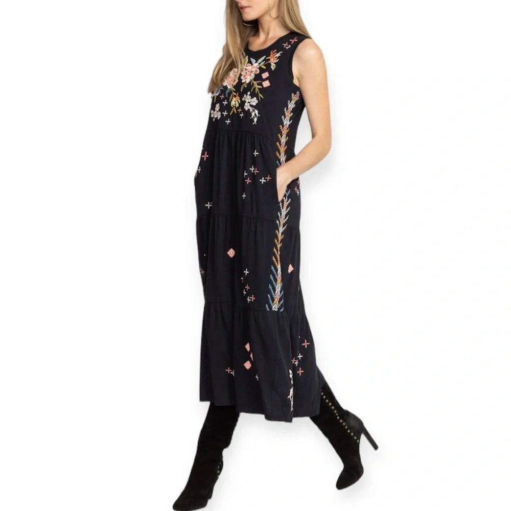 JOHNNY WAS Ceretti Dress Tiered Maxi Tank Dress Black Floral Embroidery NWT - Picture 4 of 10